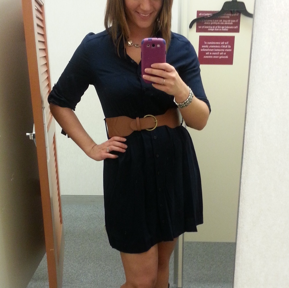 Navy Roll Sleeve Button Down Dress